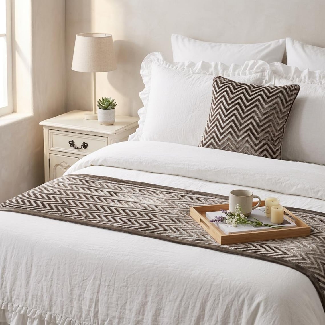 Grey Crystal Chevy Decorative Bed Runner and Cushion Cover
