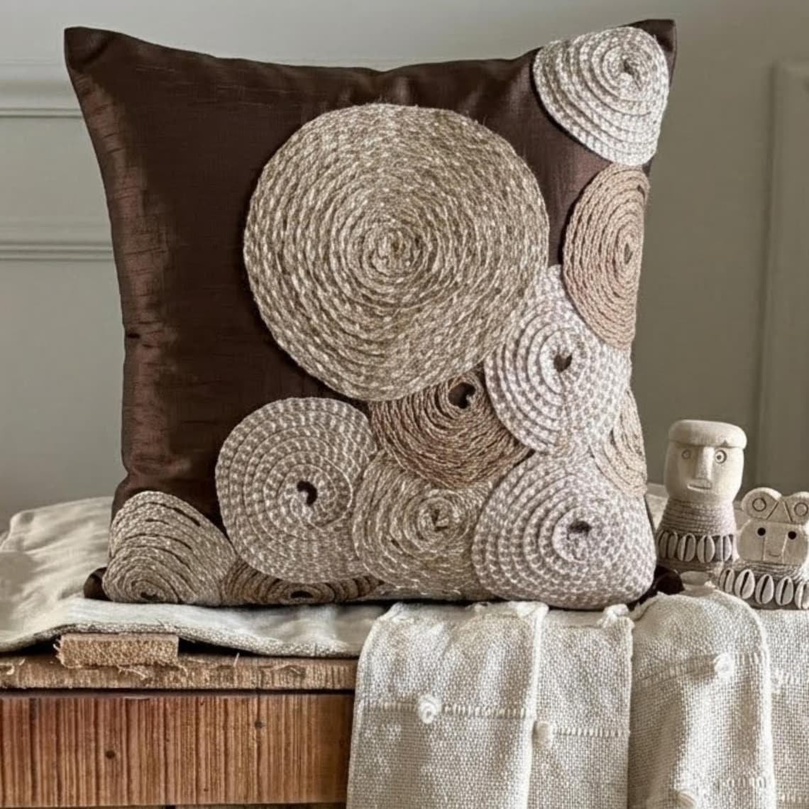 Adorned By Jute - Brown Art Silk Throw Pillow Cover