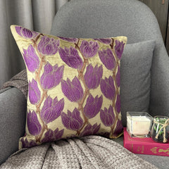Tulip Around - Green & Purple Velvet Throw Cushion Cover