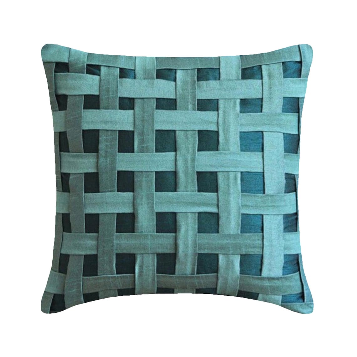 Peacock Green N Teal Basket Weave - Teal Blue Art Silk Decorative Euro Sham