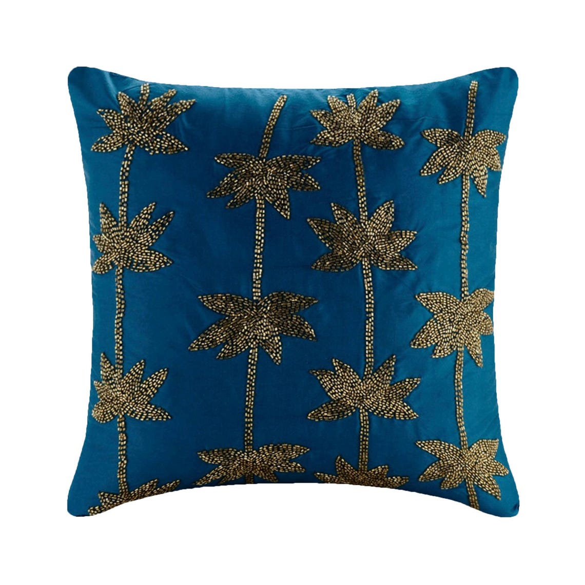 Gold Lotus Dreams - Teal Blue Taffeta Throw Pillow Cover