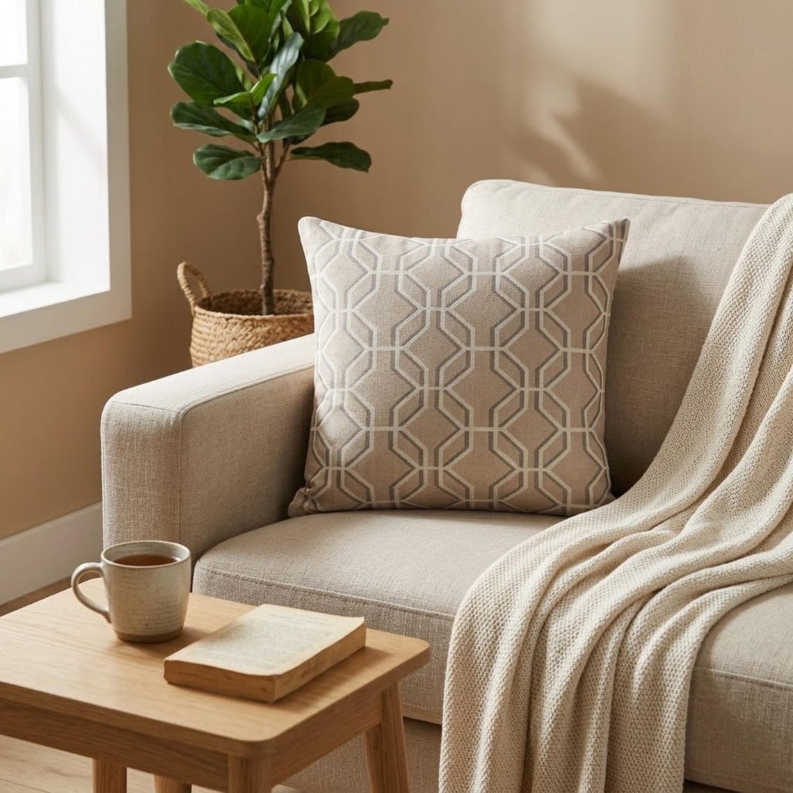 Beige Linen Throw Cushion Cover - Earthline Hex