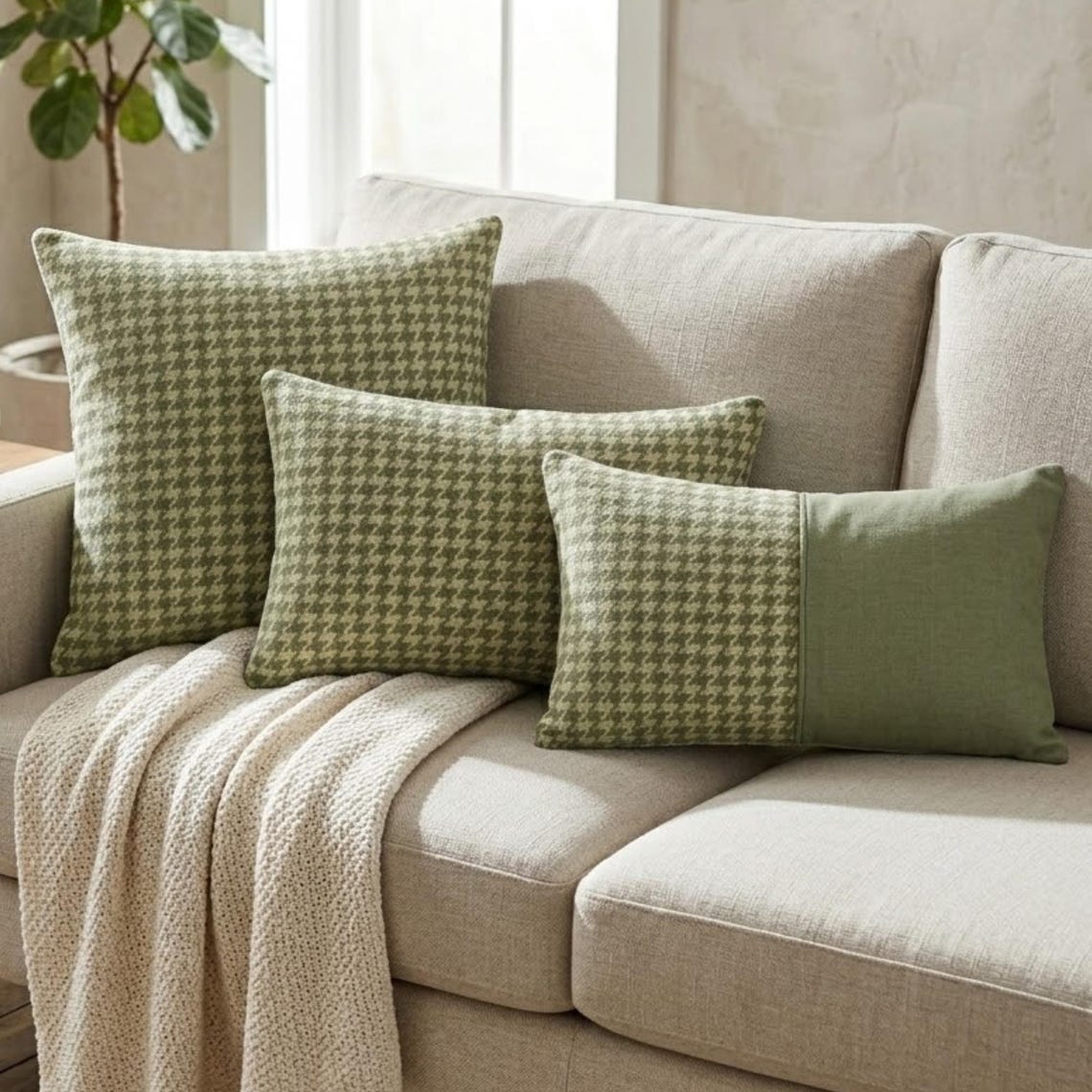 Green Linen Throw Cushion Cover - Sage Houndstooth