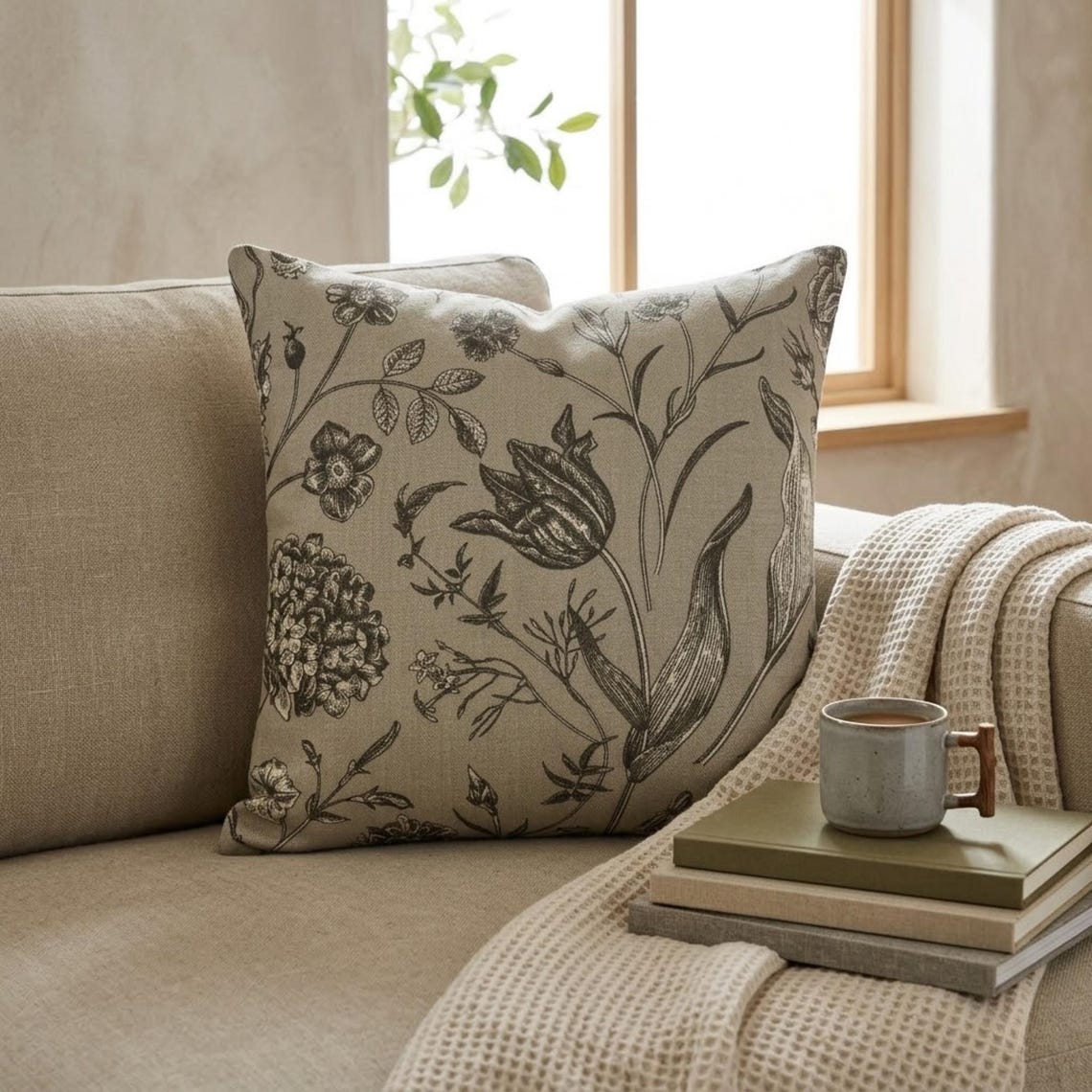 Gray Linen Throw Cushion Cover - Botanical Sketch