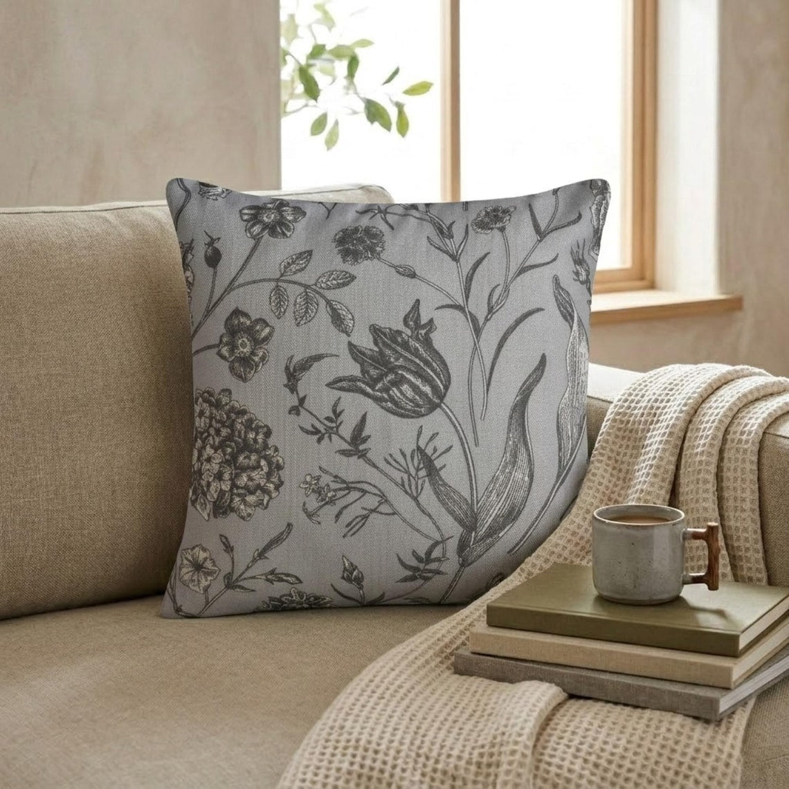 Gray Linen Throw Cushion Cover - Gray Botanical Sketch