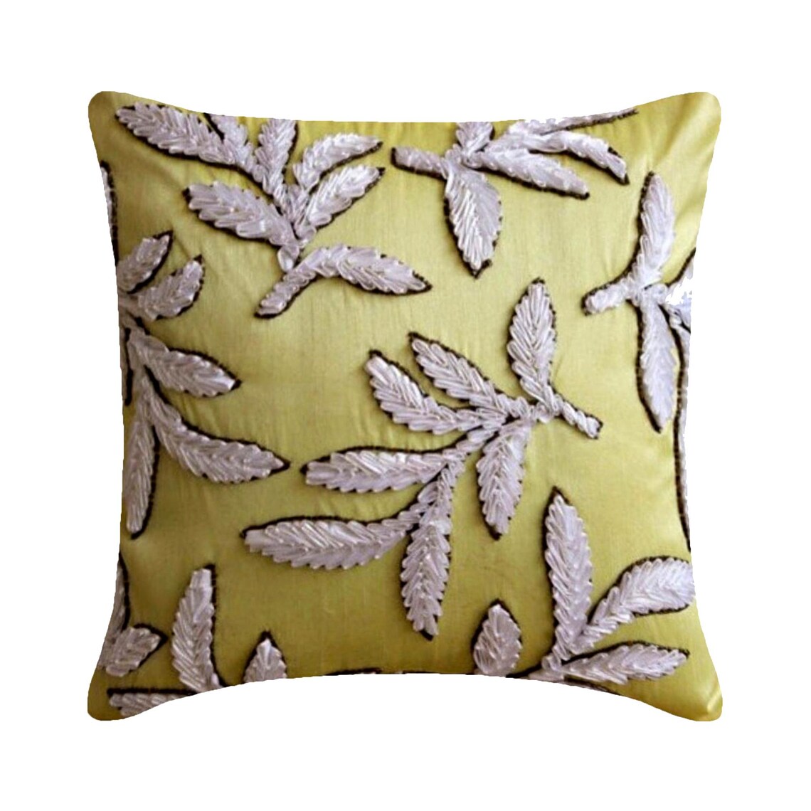 White Leaves - Yellow Art Silk Throw Pillow Cover