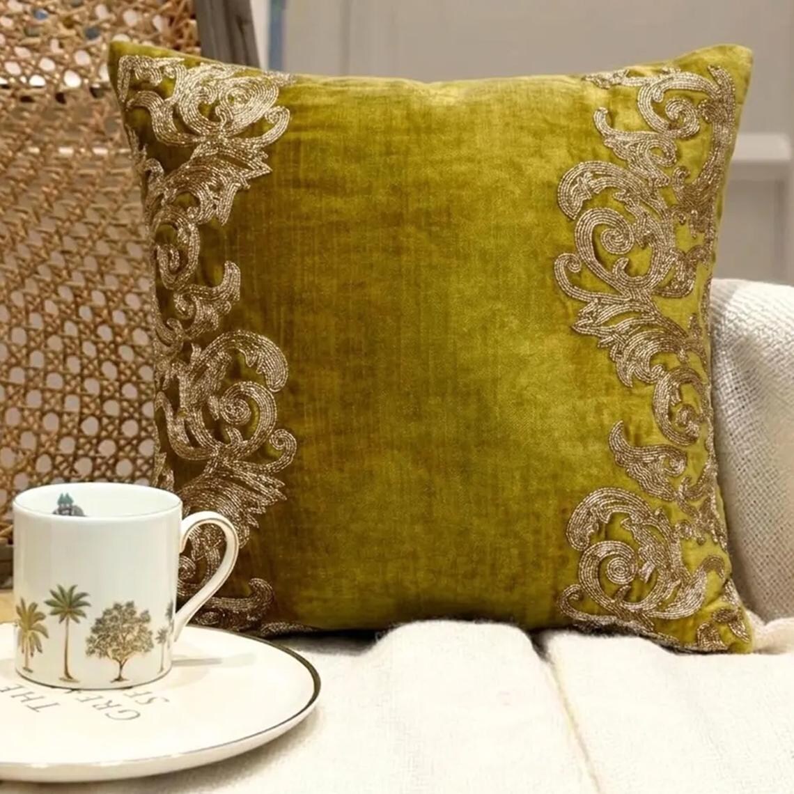 Gold Mythology Green Velvet Throw Cushion Cover