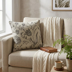 Gray Linen Throw Cushion Cover - Botanical Sketch