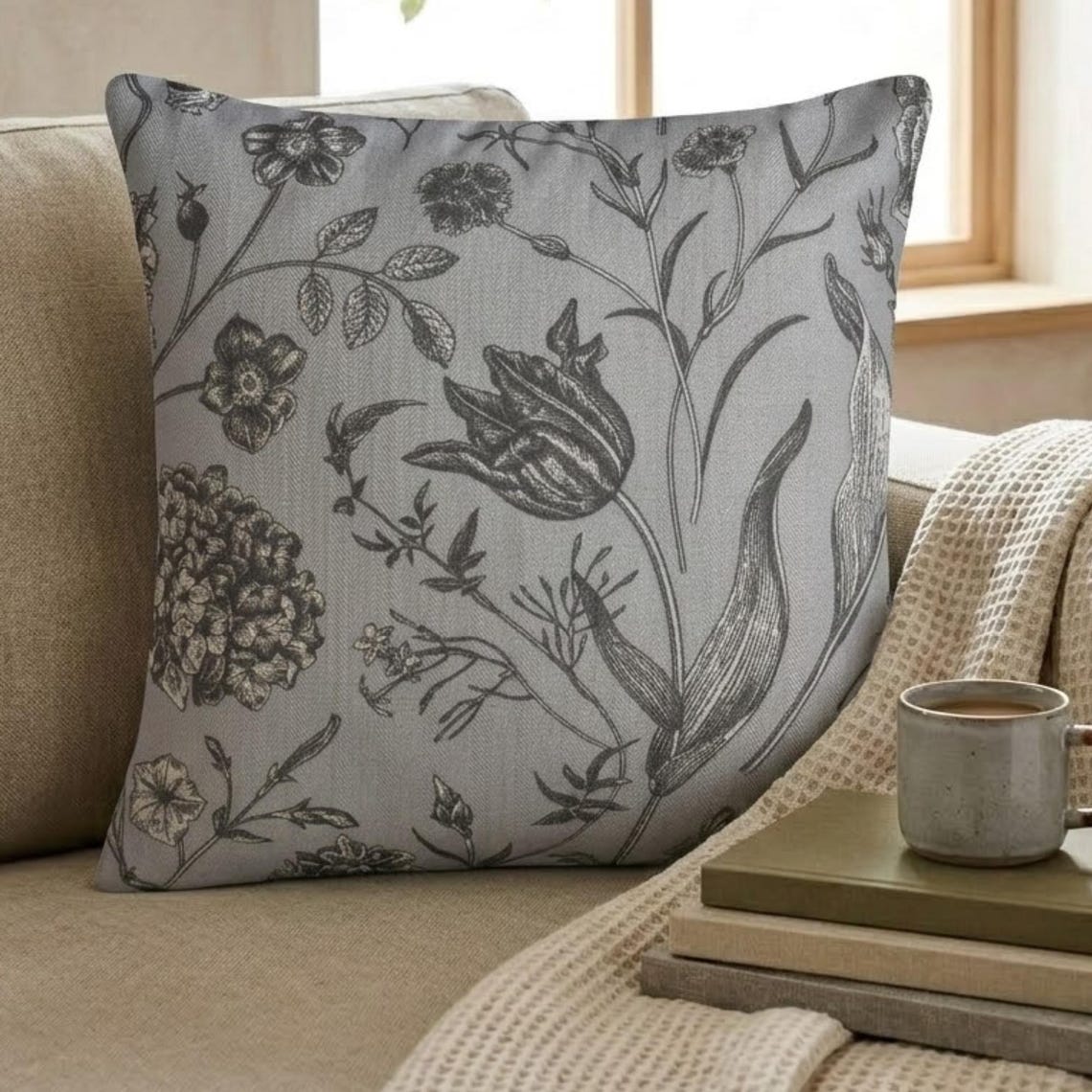 Gray Botanical Sketch Throw Cushion Cover