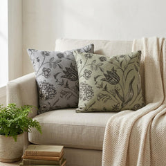 Gray Linen Throw Cushion Cover - Gray Botanical Sketch