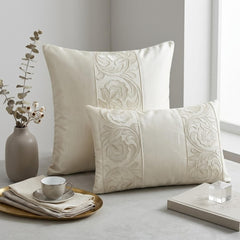 Ivory White Satin Throw Cushion Cover - Regal Ivory Vine