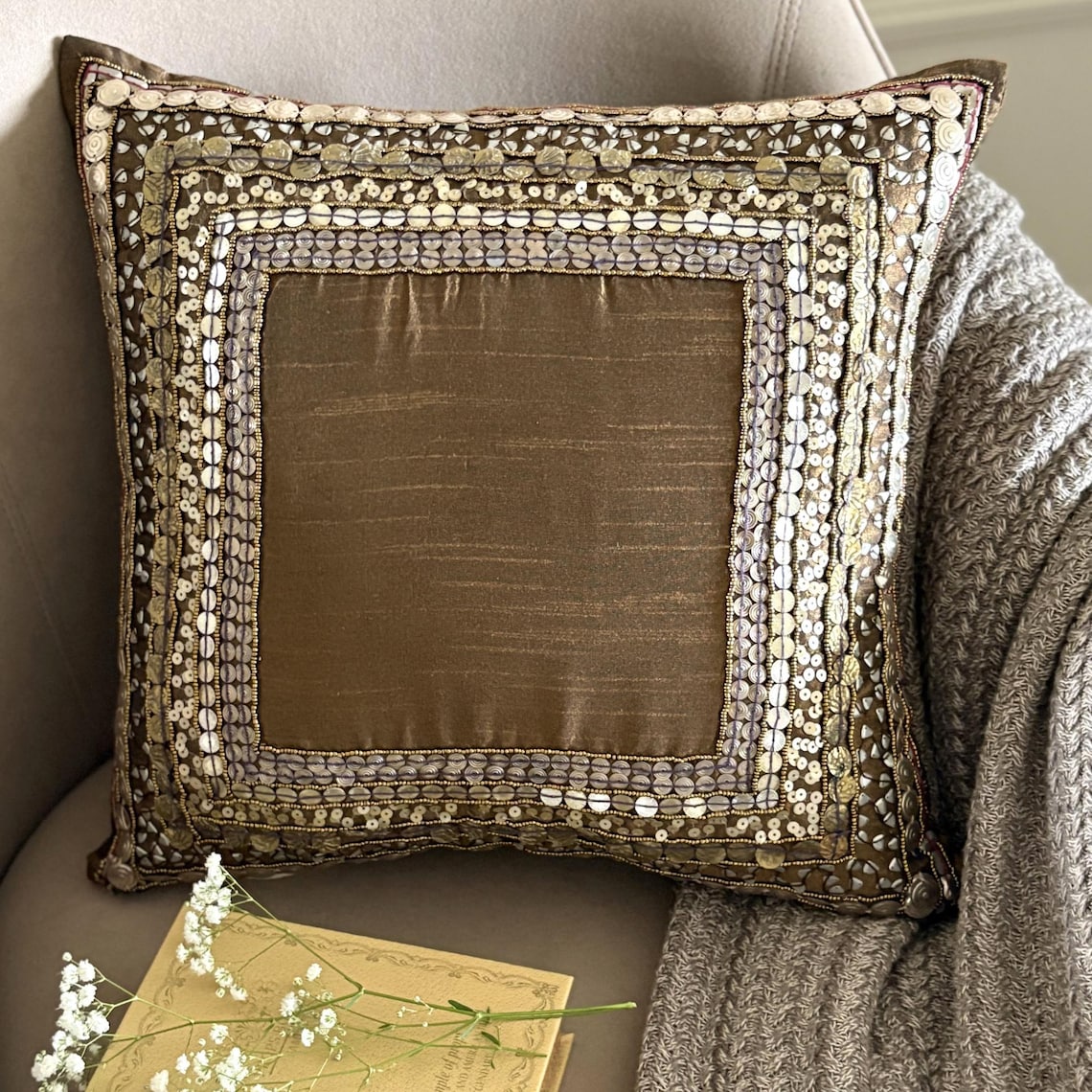 Ethnic Origins - Brown Art Silk Throw Pillow Cover