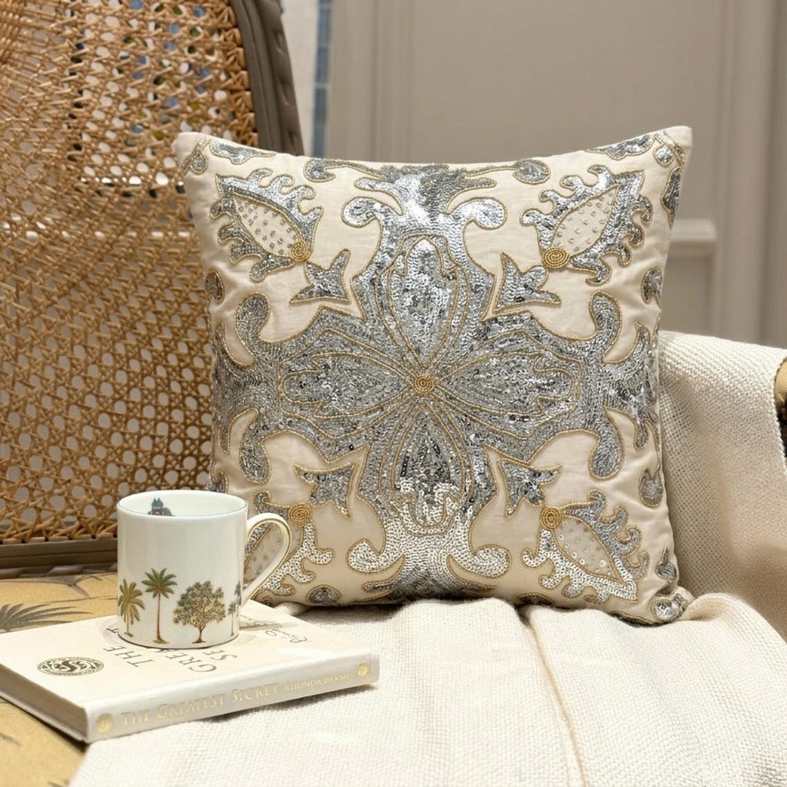 Millennium Ivory Sequins Throw Pillow Cover