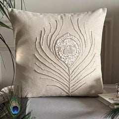 Pearly Peacock Feather - Natural Beige Cotton Linen Decorative Euro Sham