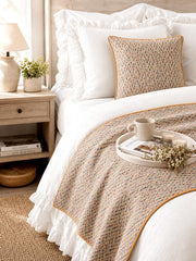 Happy Chevy - Jacquard Embroidered Beige & Multicolor Decorative Bed Runner and Cushion Cover