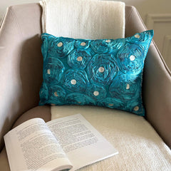 Aquamarine Roses - Art Silk Turquoise Decorative Lumbar Cushion Cover
