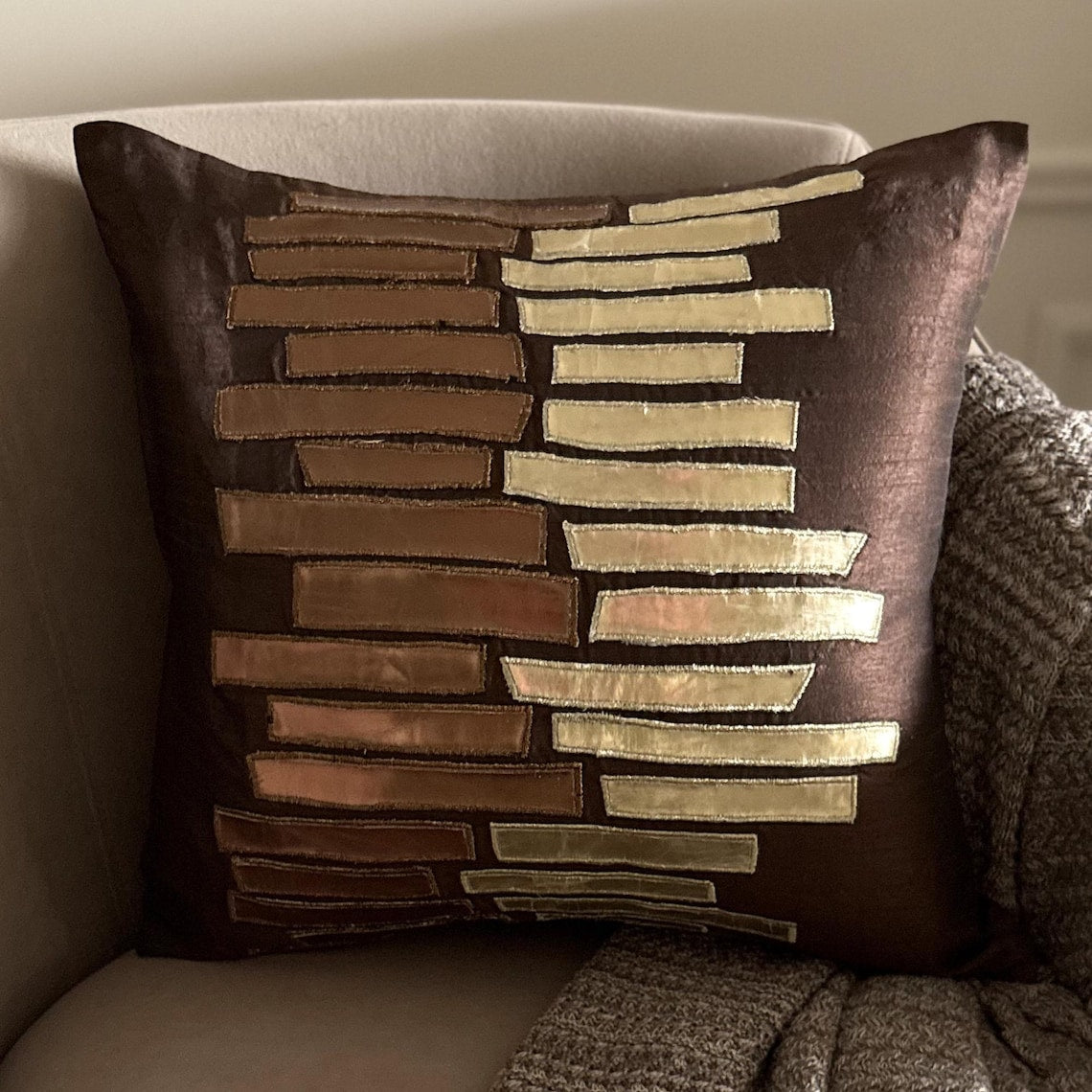 Metallic Ladder - Brown Art Silk Throw Pillow Cover