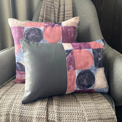Joyful Jumble V - Violet & Gray Cotton & Faux Leather Lumbar Pillow Cover