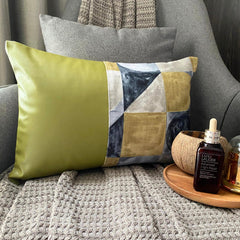 Joyful Jumble C - Chartreuse Green Cotton & Faux Leather Lumbar Pillow Cover