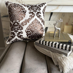 Damask Brown - Brown Burnout Velvet Throw Pillow Cover