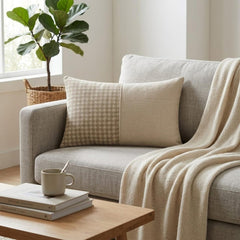 Beige Linen Lumbar Cushion Cover - Oat Houndstooth Lumbar