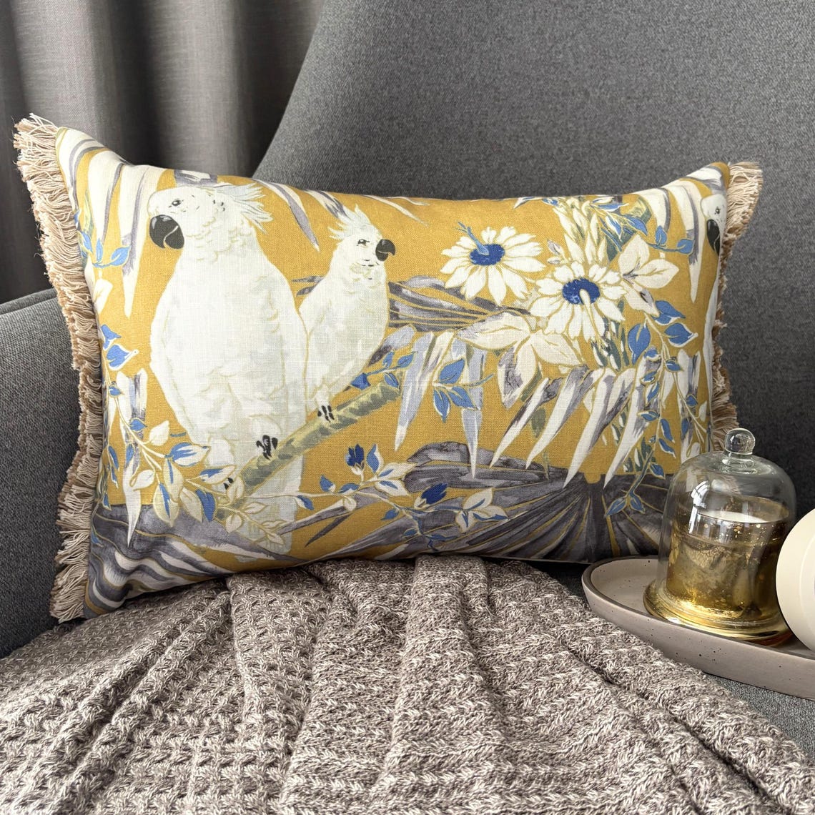 Yellow Cotton Lumbar Cushion Cover - Cockatoo Garden