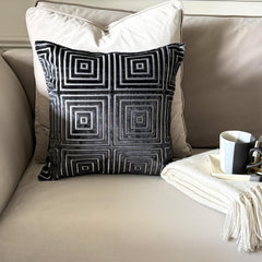 Charcoal Gray Velvet Lumbar Cushion Cover - Obsidian Grid Lumbar