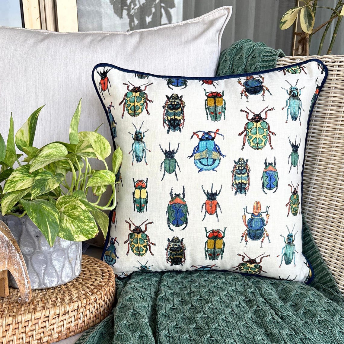 Creepy Crawlers - Blue Linen Spookys Decorative Throw Cushion Cover