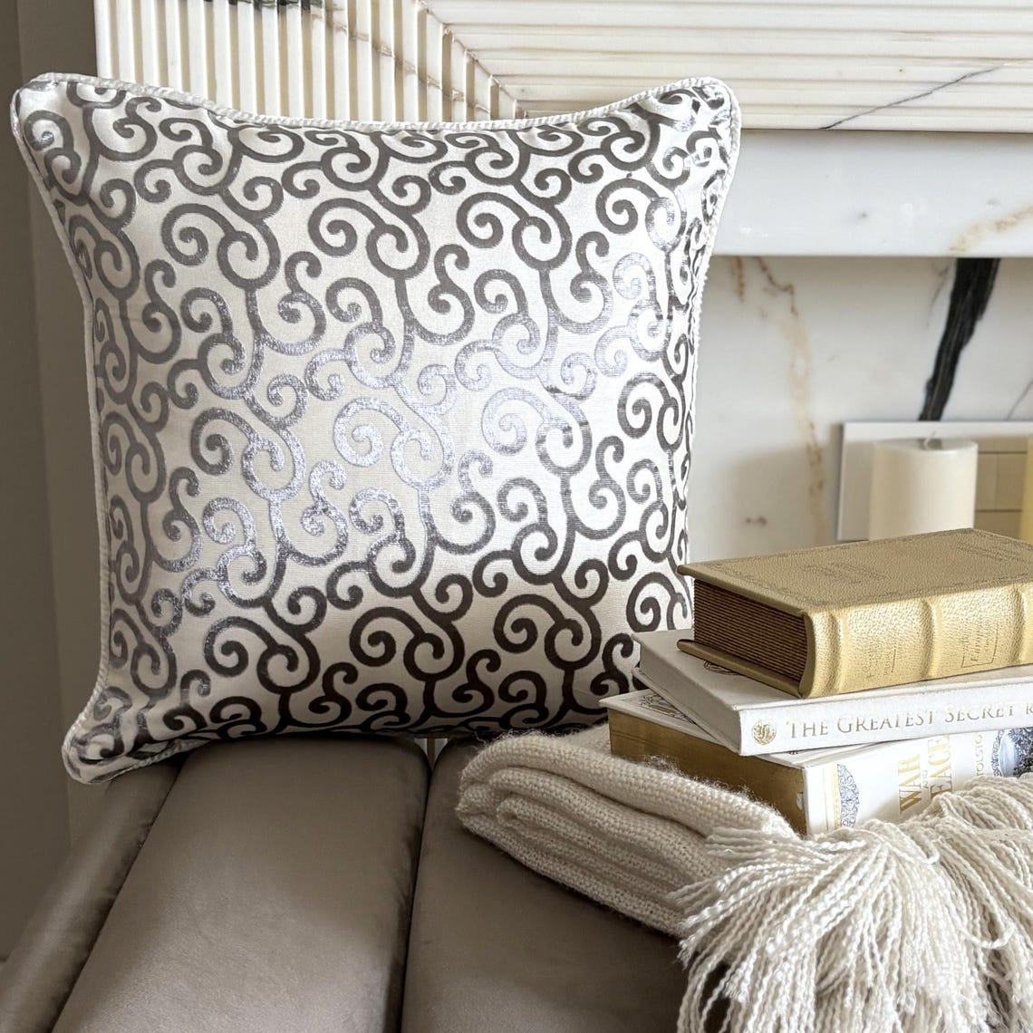Paloma Gray Scrolls - Gray Burnout Velvet Throw Pillow Cover