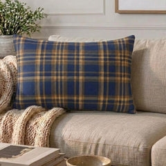 Plaidflow Navy - Blue Velvet Winter Plaid Lumbar Cushion Cover