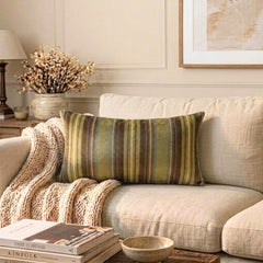 Linear Stripe Olive - Green Velvet Striped Oblong Lumbar Cushion Cover