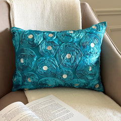 Aquamarine Roses - Art Silk Turquoise Decorative Lumbar Cushion Cover
