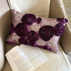 Wine Roses - Art Silk Purple Decorative Lumbar Pillow Cover
