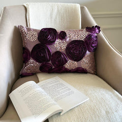 Wine Roses - Art Silk Purple Decorative Lumbar Pillow Cover