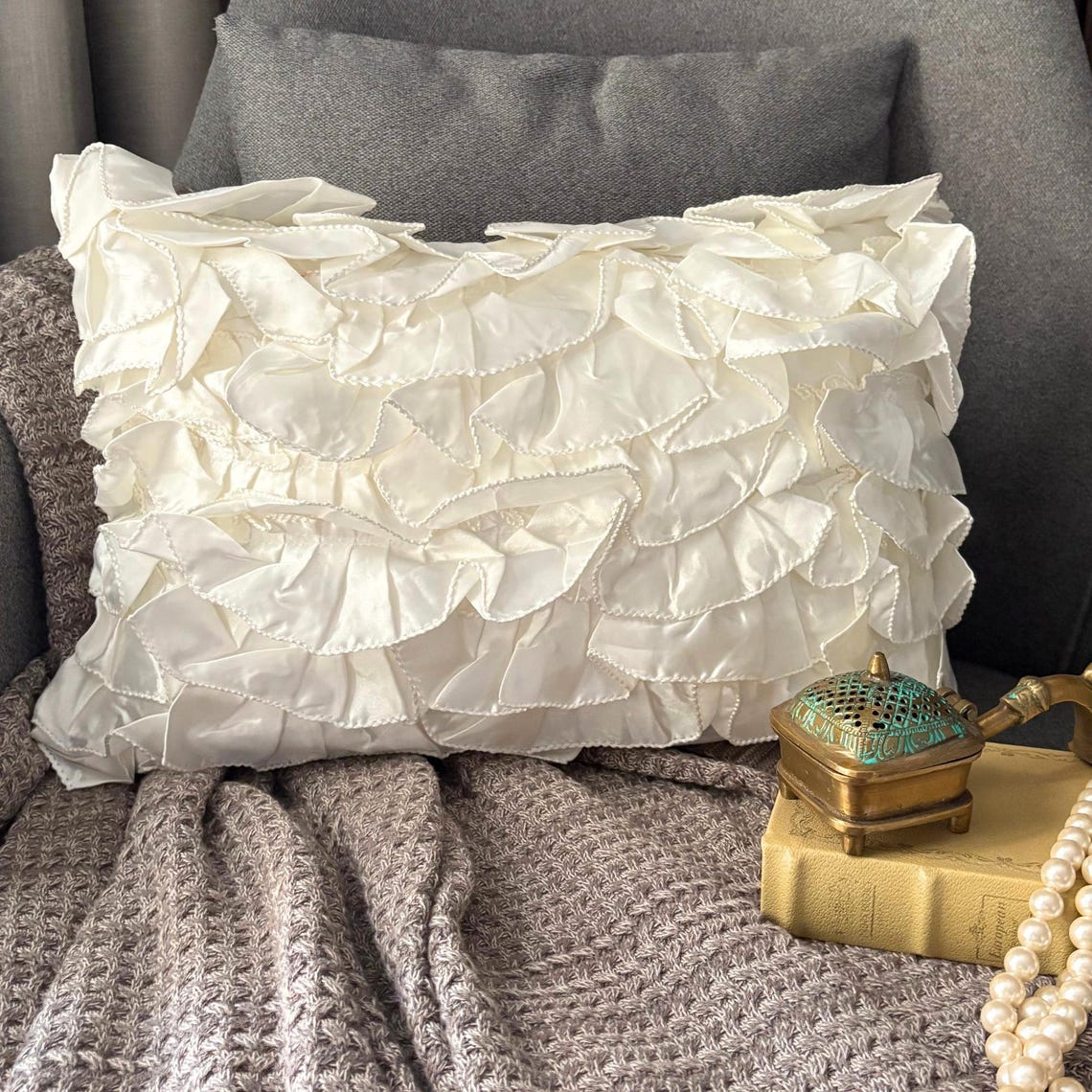 Satin Ivory Rectangular Decorative Pillows Cover Vintage Glam Ruffles