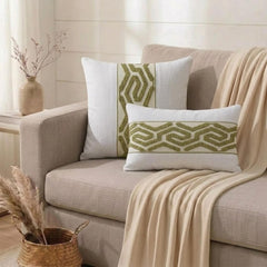 Ivory White Linen Lumbar Cushion Cover - Verdant Labyrinth Lumbar