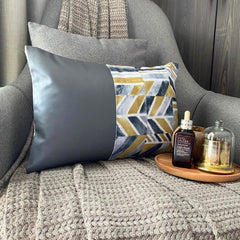 Playful Patch - Chartreuse Green Cotton & Faux Leather Lumbar Pillow Cover