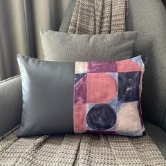 Joyful Jumble V - Violet & Gray Cotton & Faux Leather Lumbar Pillow Cover
