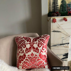 Cayenne Red Damask - Cayenne Red Burnout Velvet Throw Pillow Cover