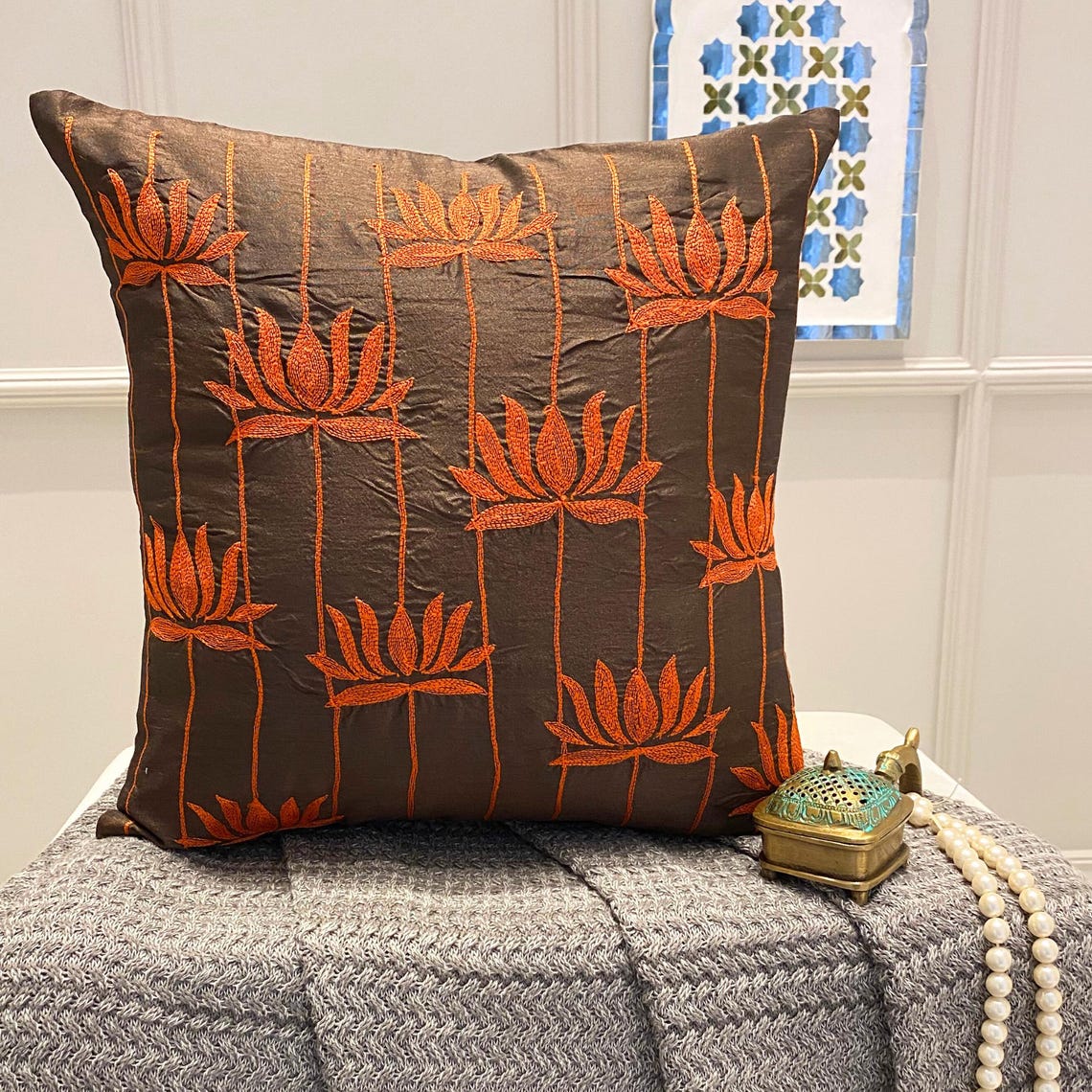 Red Lotuses Embroidery Throw Pillow Cover