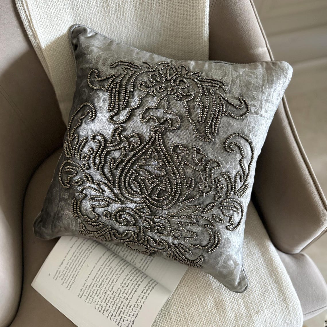 Steel Damask Silver Damask Throw Pillow Cover