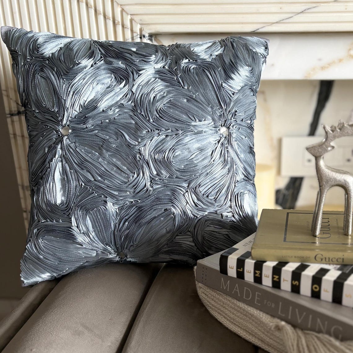 Grey Floral Robe Silk Throw Pillow Cover