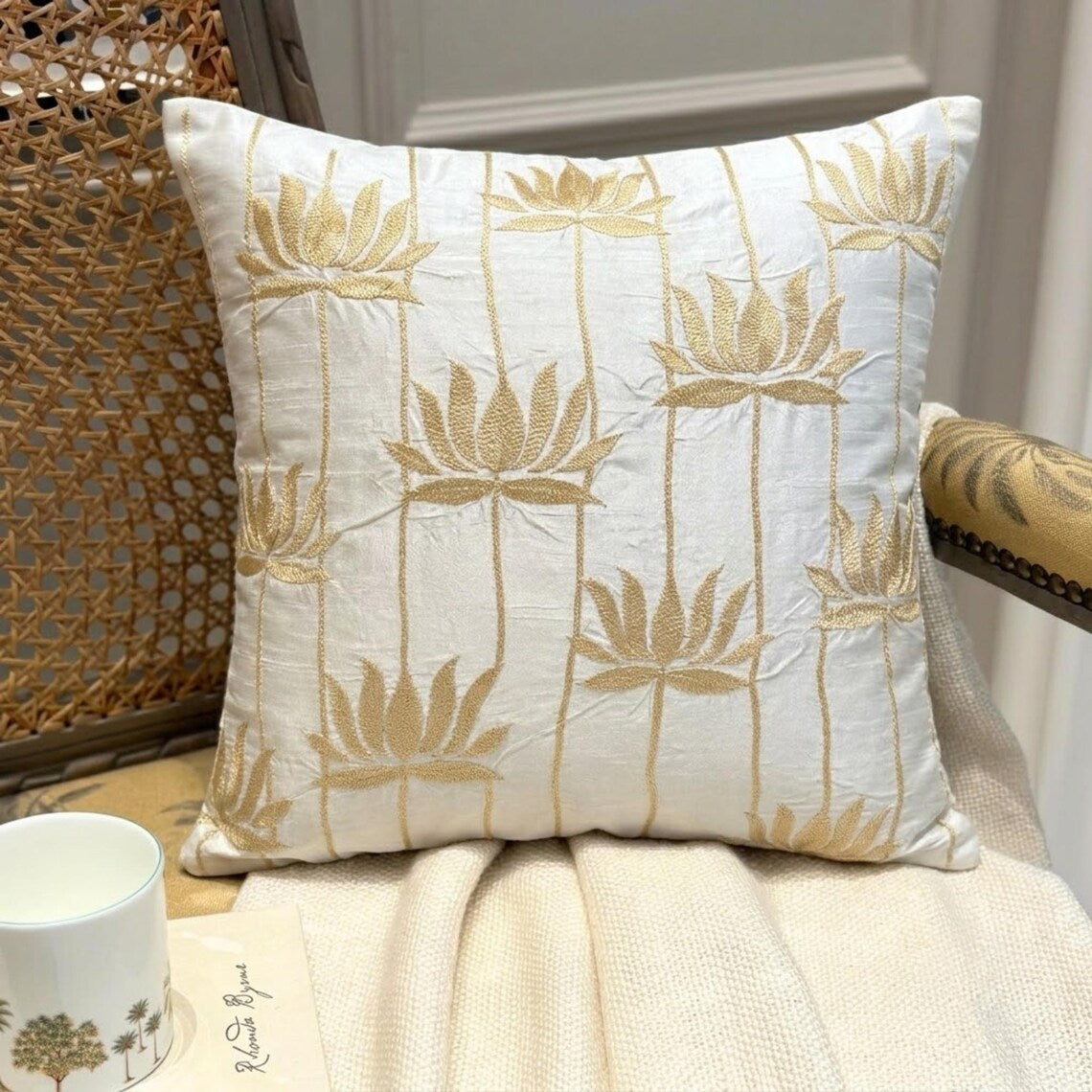 Lotus Serene Embroidery Throw Pillow Cover