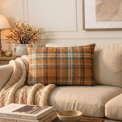 Plaidflow Orange - Orange Velvet Winter Plaid Lumbar Cushion Cover