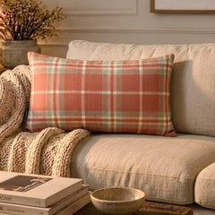 Plaidflow Terracotta - Red Velvet Winter Plaid Lumbar Cushion Cover