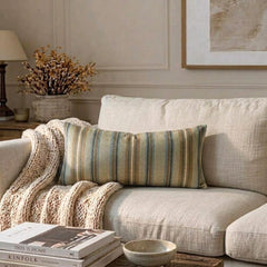Linear Stripe Beige - Beige Velvet Striped Oblong Lumbar Cushion Cover