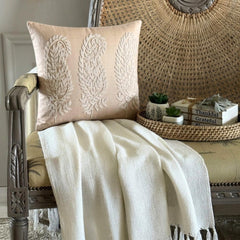 Linen Paisleys - Beige Cotton Linen Throw Pillow Cover