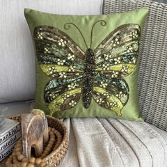 Butterfly Envy - Green Art Silk Throw Cushion Cover