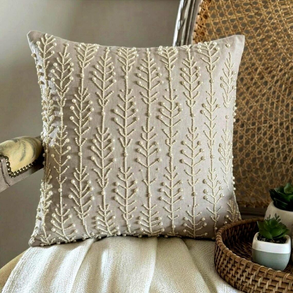 Pearl Essence - Natural Beige Cotton Linen Throw Pillow Cover