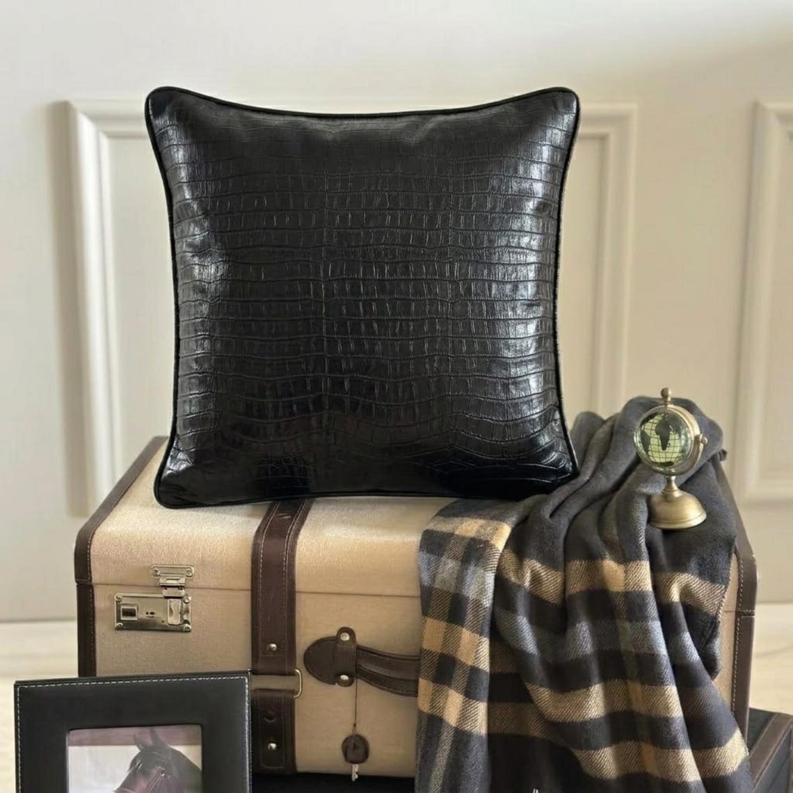 Black Faux Leather Throw Pillow Cover Paved Black